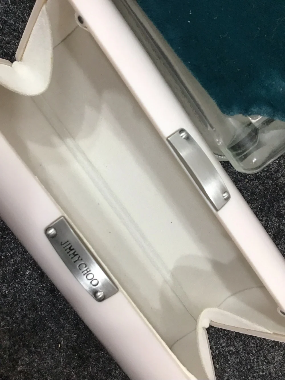Jimmy Choo White Gloss Cylindrical Case with Metal Plaque hardshell